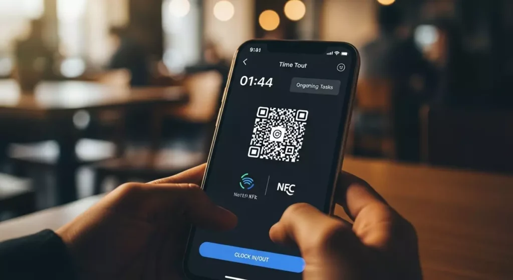 Osoba rejestrująca czas pracy za pomocą aplikacji mobilnej na smartfonie