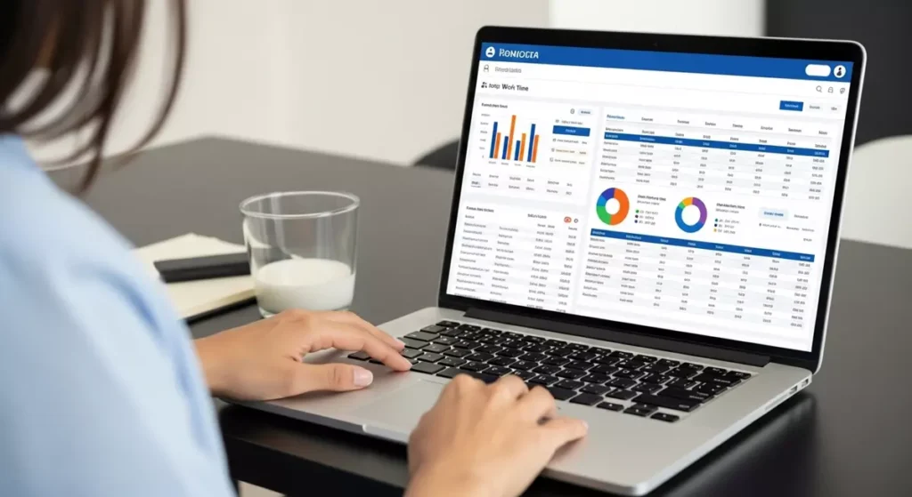 Pracownik działu HR analizujący zautomatyzowane raporty czasu pracy na ekranie komputera