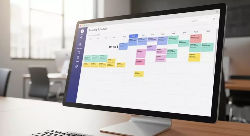 Interfejs cyfrowego grafiku pracy z harmonogramem zmian na ekranie monitora