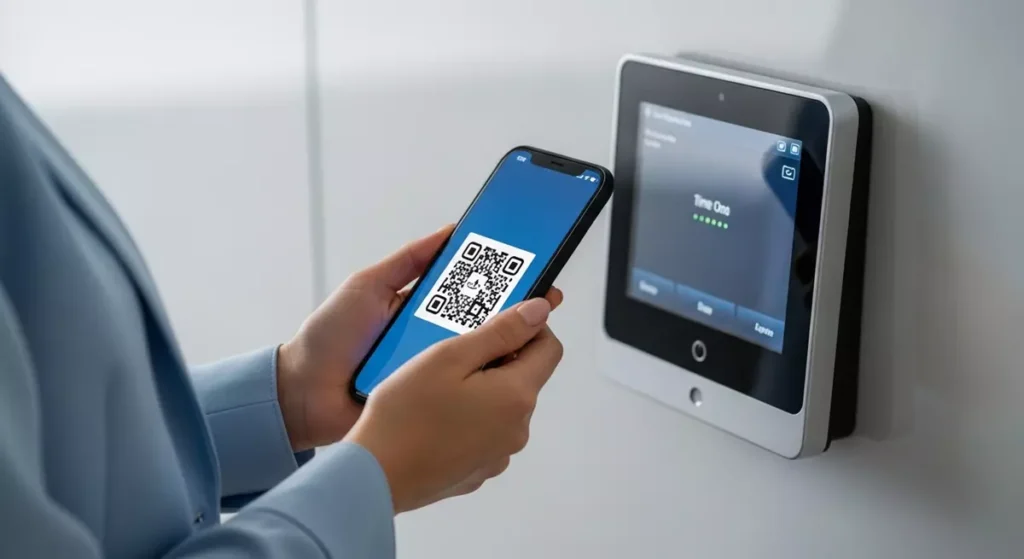 Pracownica logująca się do biura za pomocą aplikacji mobilnej i kodu QR na smartfonie