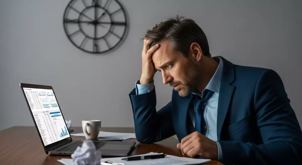 Zmartwiony przedsiębiorca analizujący rosnące koszty nadgodzin i spóźnień