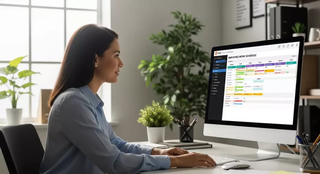 Menedżer układający cyfrowy grafik pracy dla zespołu w nowoczesnym biurze