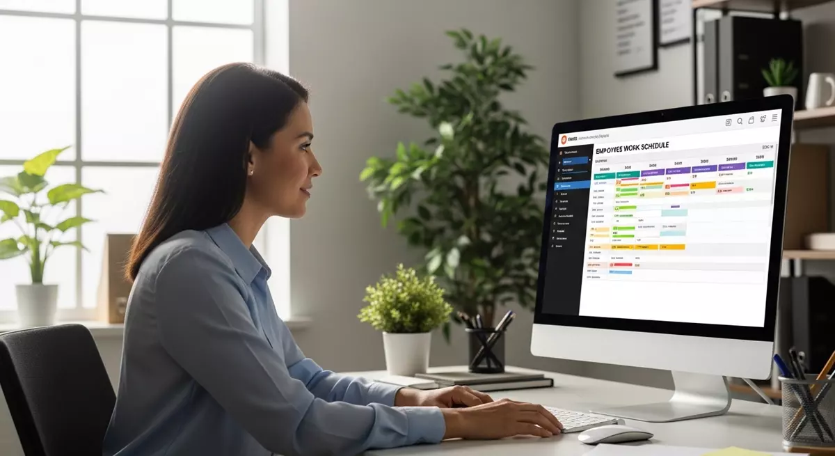 Menedżer układający cyfrowy grafik pracy dla zespołu w nowoczesnym biurze