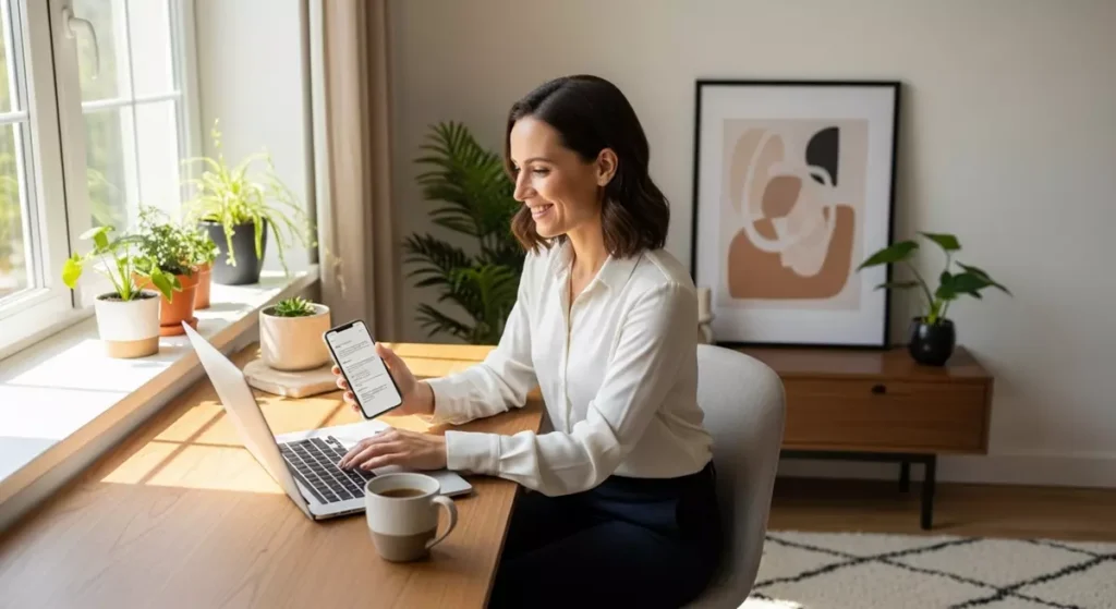 Młoda kobieta pracująca z uśmiechem na laptopie w nowoczesnym, domowym biurze