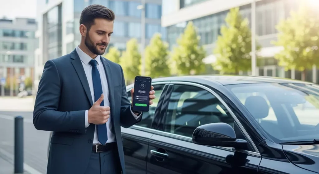 Handlowiec terenowy rejestrujący czas pracy za pomocą smartfona przy samochodzie służbowym