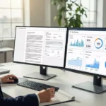 Menedżer HR analizujący przepisy i cyfrową ewidencję czasu pracy na monitorach komputera