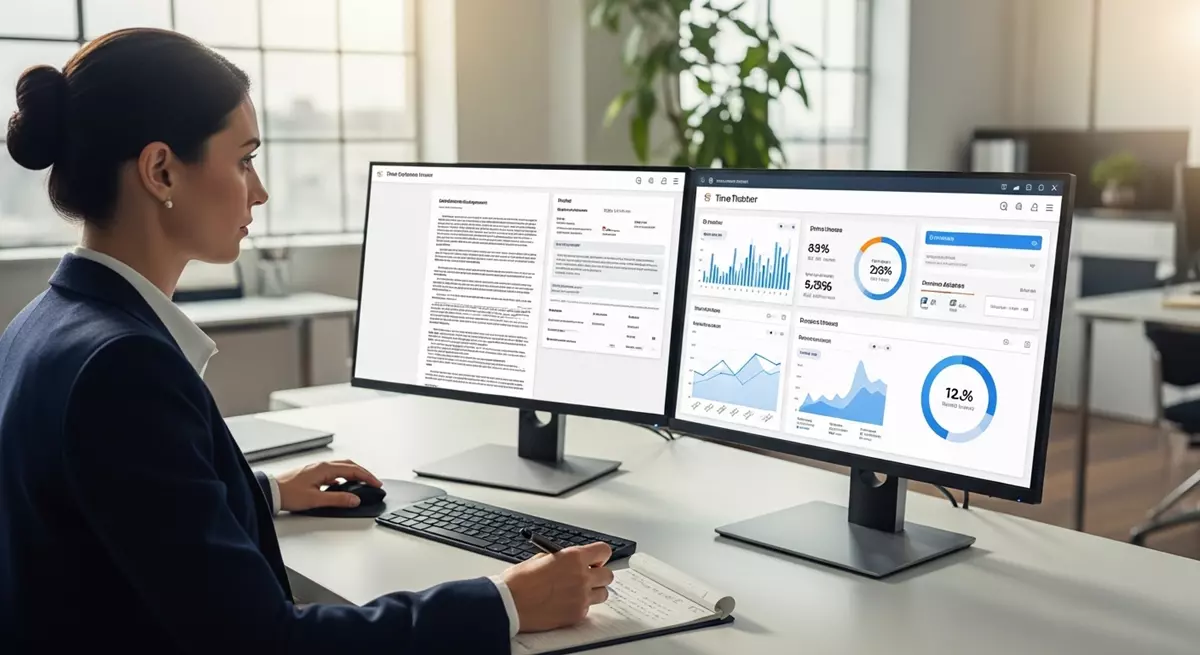 Menedżer HR analizujący przepisy i cyfrową ewidencję czasu pracy na monitorach komputera