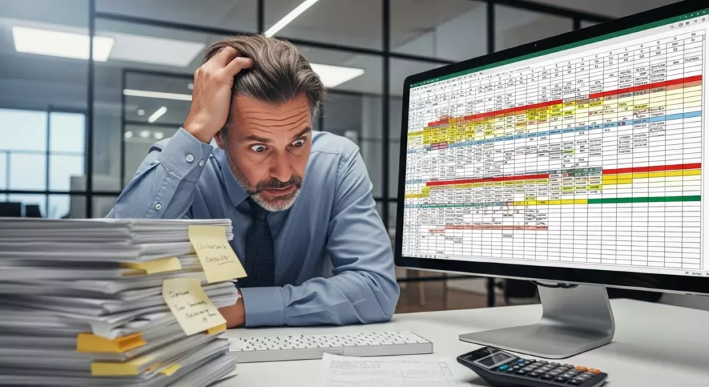 Przedsiębiorca zmęczony ręcznym rozliczaniem czasu pracy w skomplikowanym arkuszu kalkulacyjnym