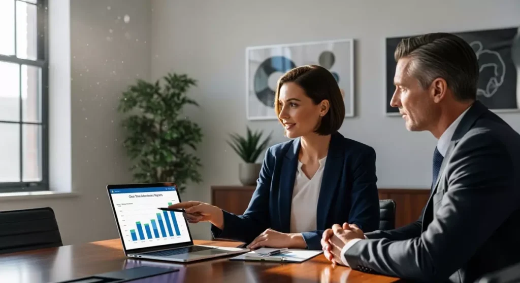 Spokojny pracownik działu HR prezentujący inspektorowi cyfrowe raporty czasu pracy