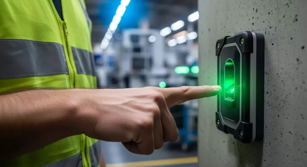 Odporny na trudne warunki rejestrator czasu pracy dla firm produkcyjnych Pracownik produkcyjny logujący się do pracy za pomocą wytrzymałego czytnika biometrycznego na hali