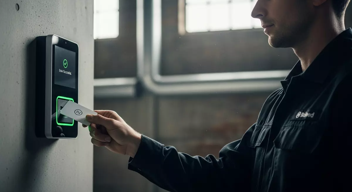 Pracownik odbijający kartę na czytniku RCP podczas awarii sieci internetowej