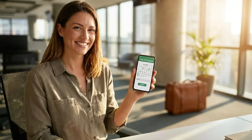 Pracownik wysyłający elektroniczny wniosek urlopowy za pomocą aplikacji w smartfonie
