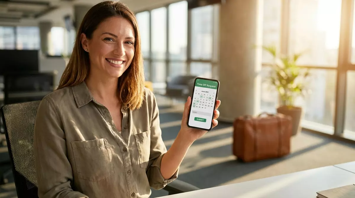 Pracownik wysyłający elektroniczny wniosek urlopowy za pomocą aplikacji w smartfonie