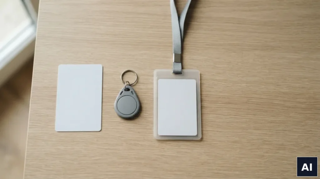 Karta, brelok i smycz RFID rozłożone jako porównanie nośników identyfikacji pracowników