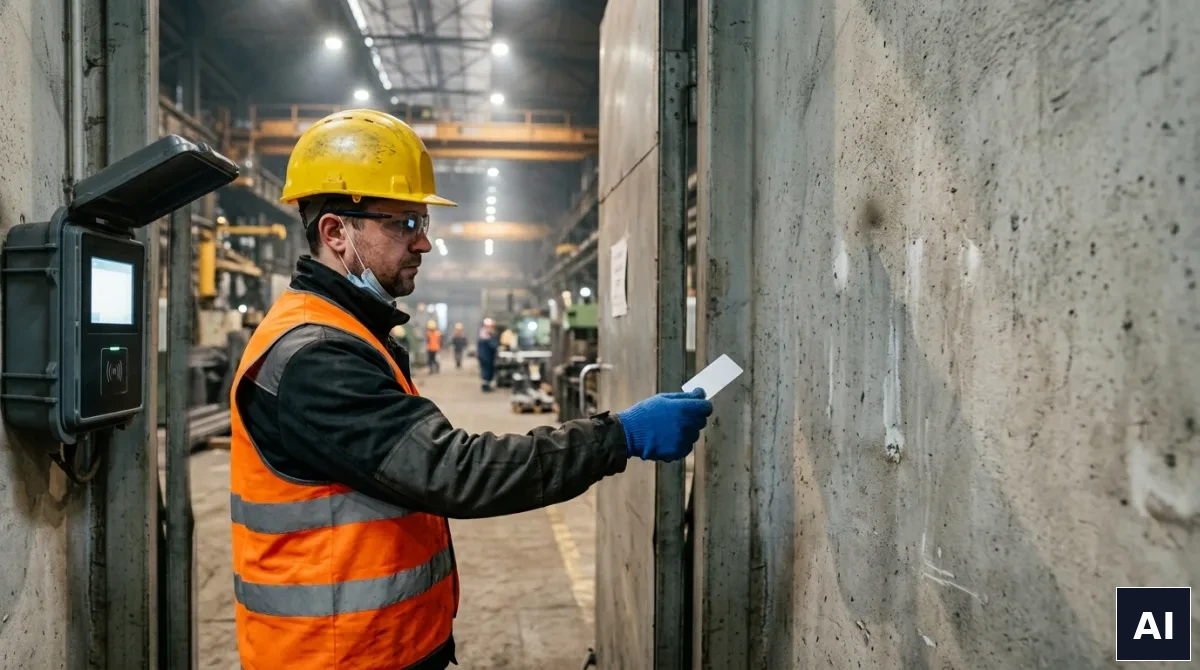 Pancerny rejestrator czasu pracy w klasie IP65 zamontowany przy wejściu na halę produkcyjną