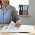 Specjalistka do spraw kadr kompletuje dokumenty wdrożeniowe systemu rejestracji czasu pracy