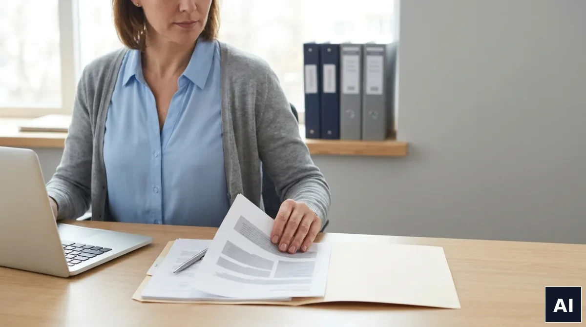 Specjalistka do spraw kadr kompletuje dokumenty wdrożeniowe systemu rejestracji czasu pracy